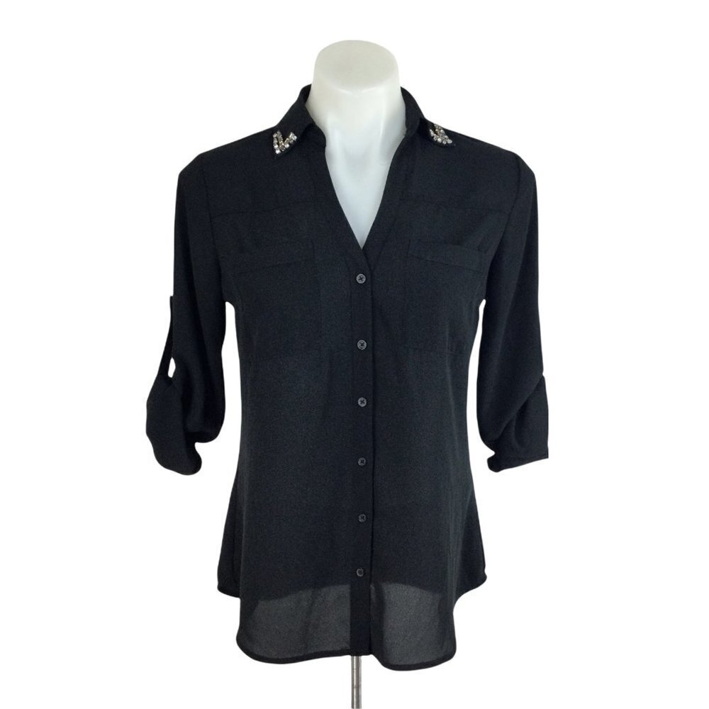 Express Portofino Pearl Button Roll Tab Sheer Black Studded Blouse Top Womens XS